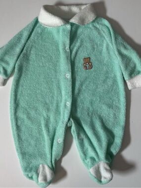70s Vintage Terrycloth Embroidered Teddy Bear Mint Green Baby Sleeper NB 11LBS